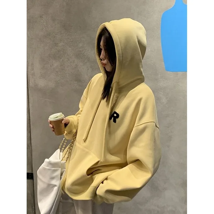 

Light Yellow Sweatshirt For Women, Thin Jacket, 2025 Spring And Autumn New Embroidered Hooded Top With Handmade Drawstring