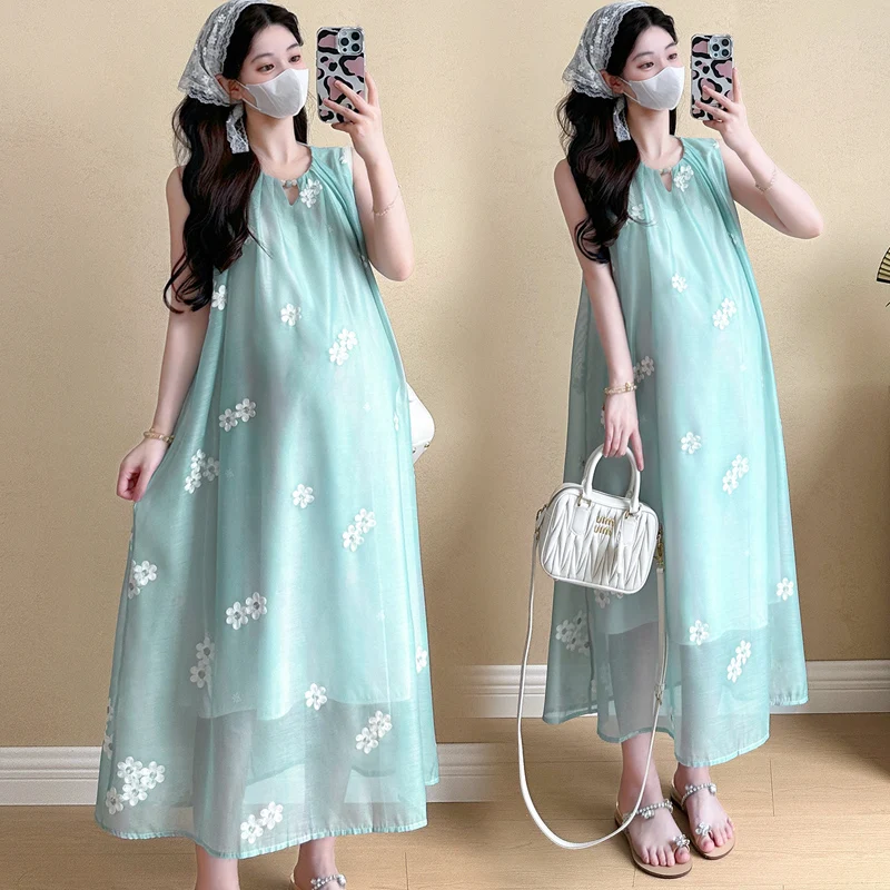 2025 Summer Maternity Chiffon Dress with Lining Fashion Floral Embroidery Sleeveless Pregnant Woman Tank Dress Plus Size Clothes