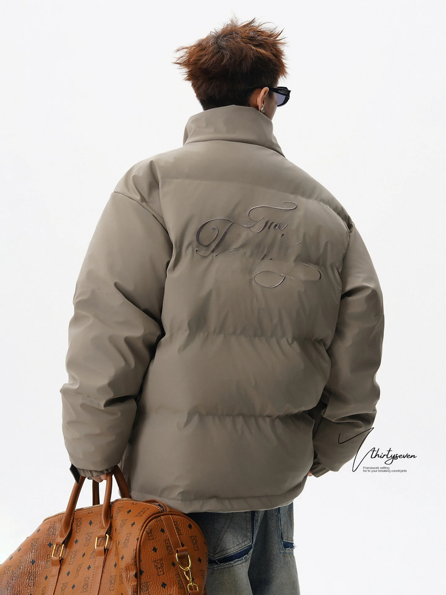 

V37 Американский модный бренд с вышивкой, хлопковое пальто с воротником-стойкой, мужское зимнее свободное ретро хлопковое пальто из искусственной кожи