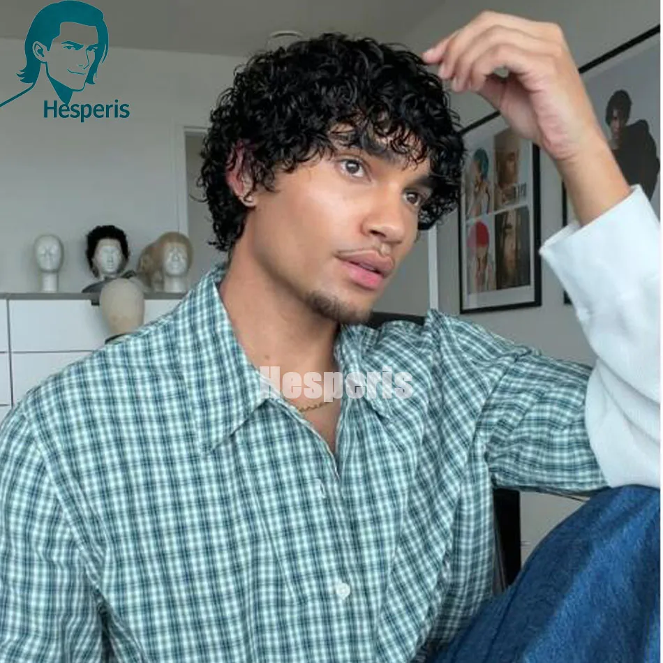 Hesperis Curly Human Hair Wig With Bangs Remy Hair Short Pixie Cut Lace Front Wig For Men Pre Styled Male Wigs Cospaly