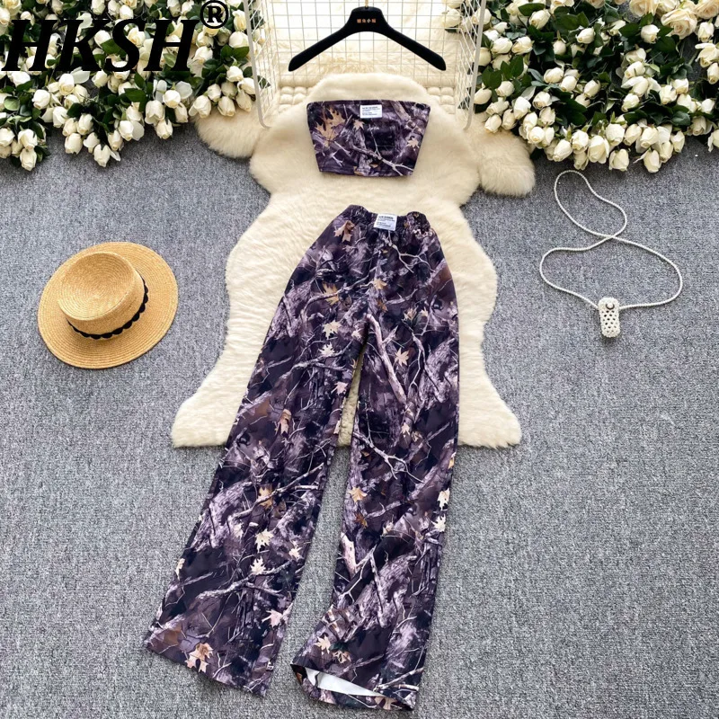 

HKSH Summer New Women Tide American Streetwear Casual Sleeveless Strapless Tops Vest Printed Wide Leg Straight Pants Sets HK8179