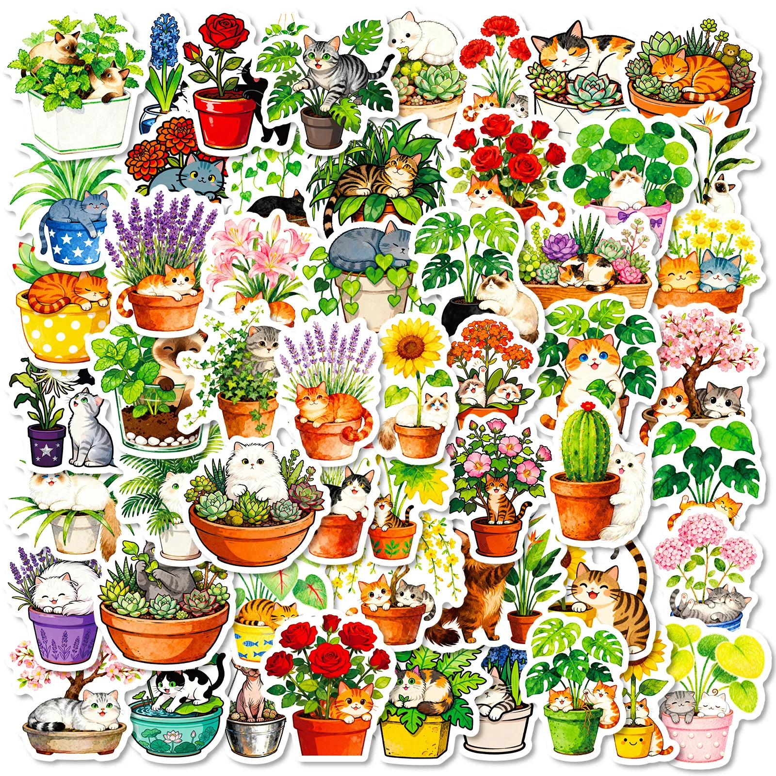56/112 Stück Cartoon-Katzen- und Pflanzen-Doodle-Aufkleber, frische ästhetische Aufkleber für Notebook, Telefon, Helm, Koffer, Kühlschrank