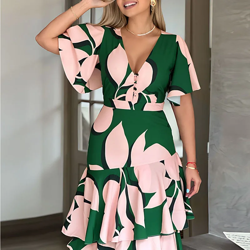

Fashion Irregular Printed Women Long Dress 2024 New Autumn Butterfly Sleeve Casual Dress Spring Elegant V-Neck Button Boho Dress