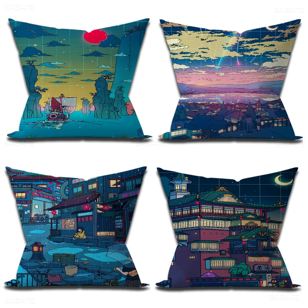 Cartoon View Street Cushion Cover Pillow Cover Decor Pillowcase Printed Cushion Case For Couch