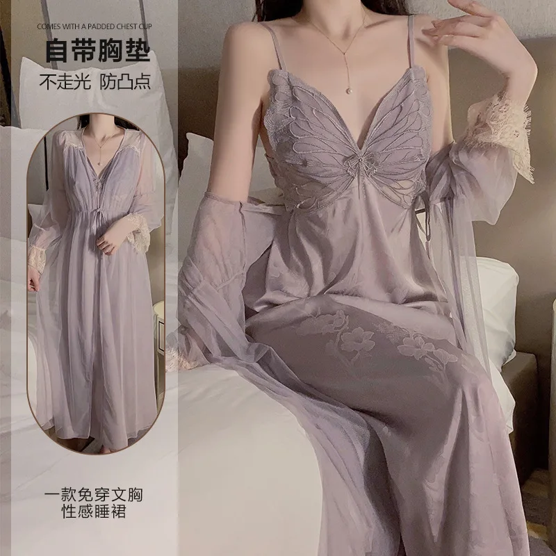 

Long Sexy Pajamas Plus Chest Pads, Ice Silk Gathering Suspenders, Nightgown, Mesh Robe, Loungewear Set