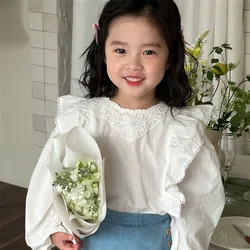 Children Clothing Girls White Shirt 2024 Spring New Fashionable Lace Collar Temperament Long-sleeved Shirt Flying Sleeve Shirt