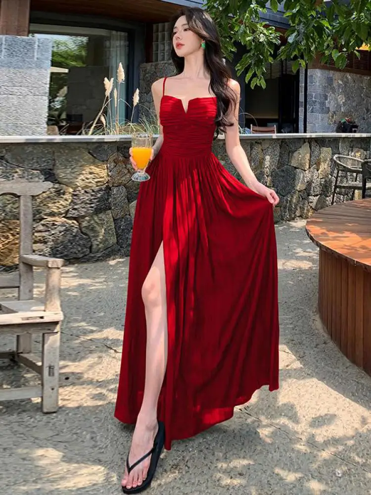 

Retro Women's Red V-neck Elegant Evening Party Slip Long Dress Summer Sleeveless Slim High Waist Backless Lace-up Split Dresses