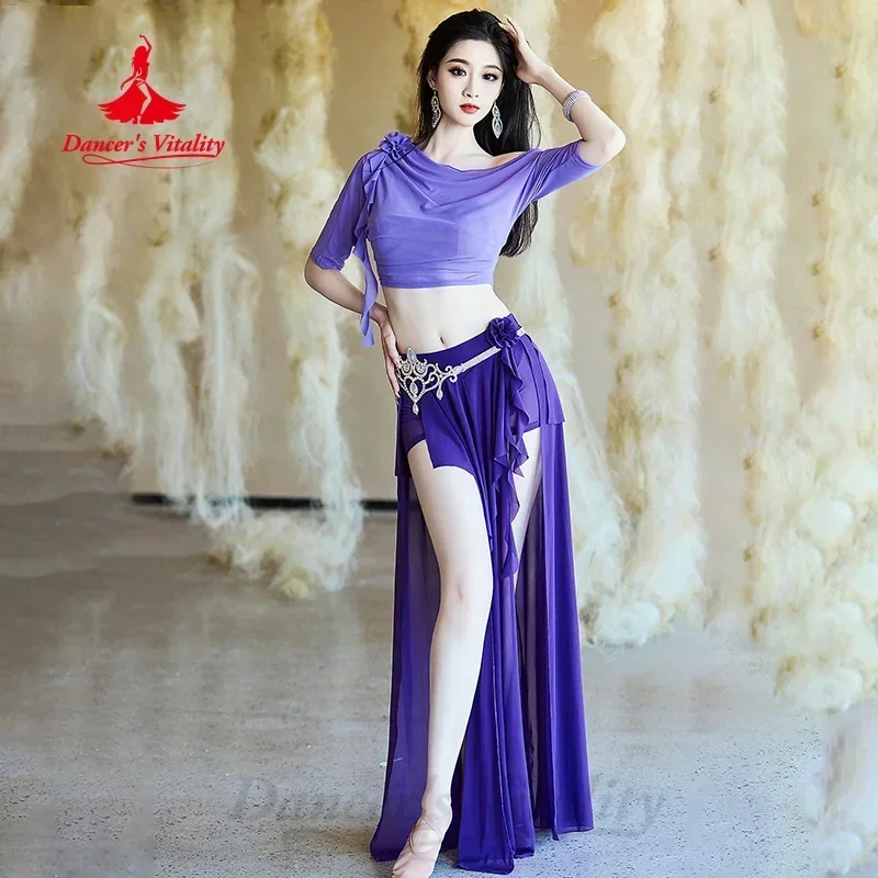 Belly Dance Practice Set for Women's Sexy Slanted Shoulder Top+Mesh Split Long Skirt 2pcs Girls' Oriental Dance Training Clothes