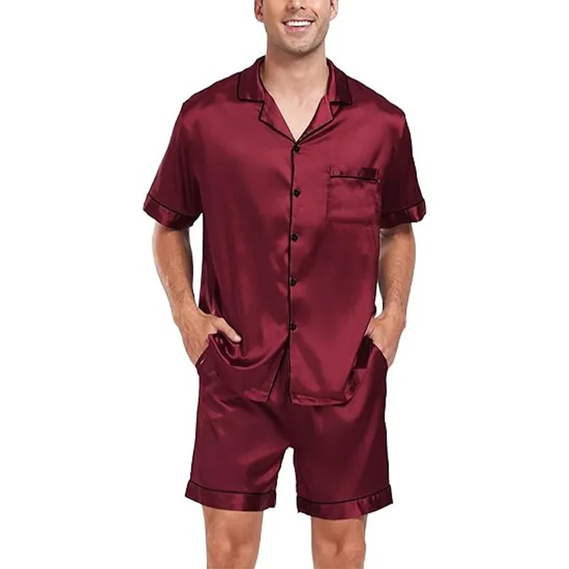 Casual Home Clothing Set Large Size Men\'s New Sleepwear Short Sleeved Shorts Pajama Suit Satin Finish European American Summer