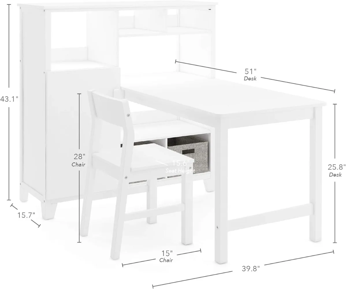 Sistema multimedia para niños con extensión de escritorio y silla - Blanco cremoso: organizador de almacenamiento de cubículo de madera y mesa de estudio para computadora