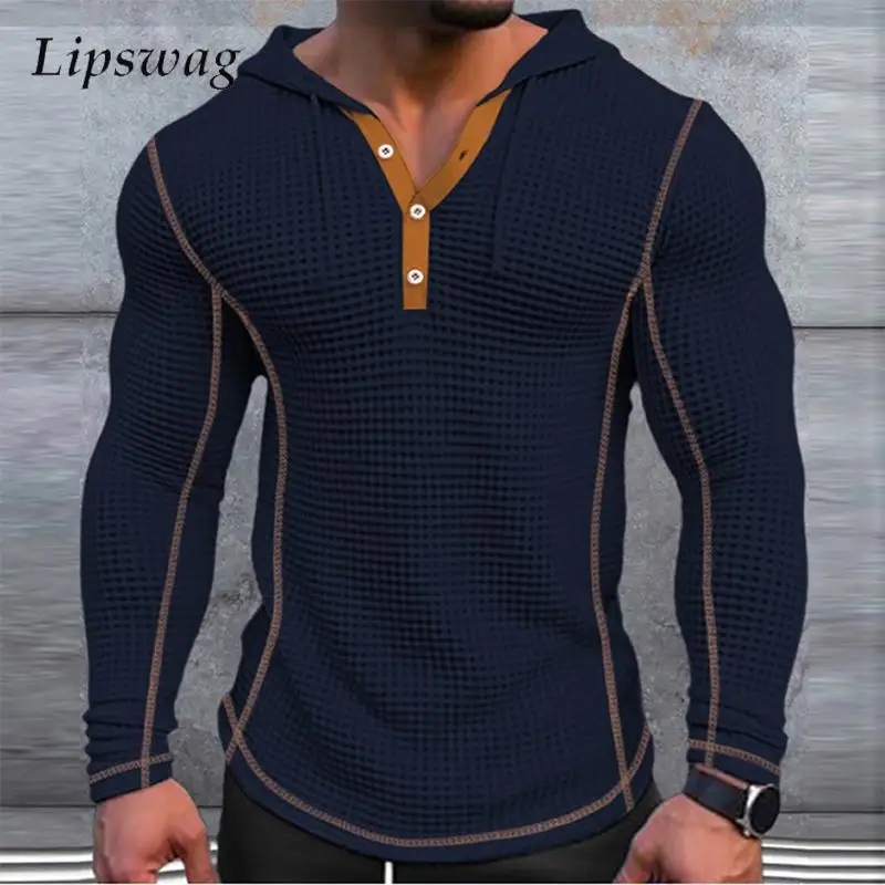 

Fashion Long Sleeve Waffle Hoodie Mens Autumn Vintage Buttoned Drawstring Hooded Tops Men Streetwear Casual Patchwork Sweatshirt