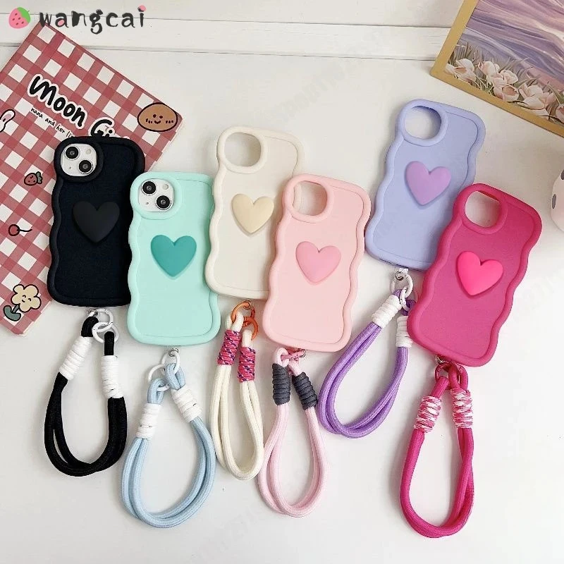 For Redmi Note 14 13 12 11 Pro Plus 12S 11S Pro+ 5G 4G Phone Case 3D Wave Cute Love Heart Soft Casing With Lanyard