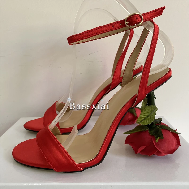 Individual Rose Flower High Heel Sandals Women Luxury Satin Ankle Strap Party Shoes For Girls Summer - view 5