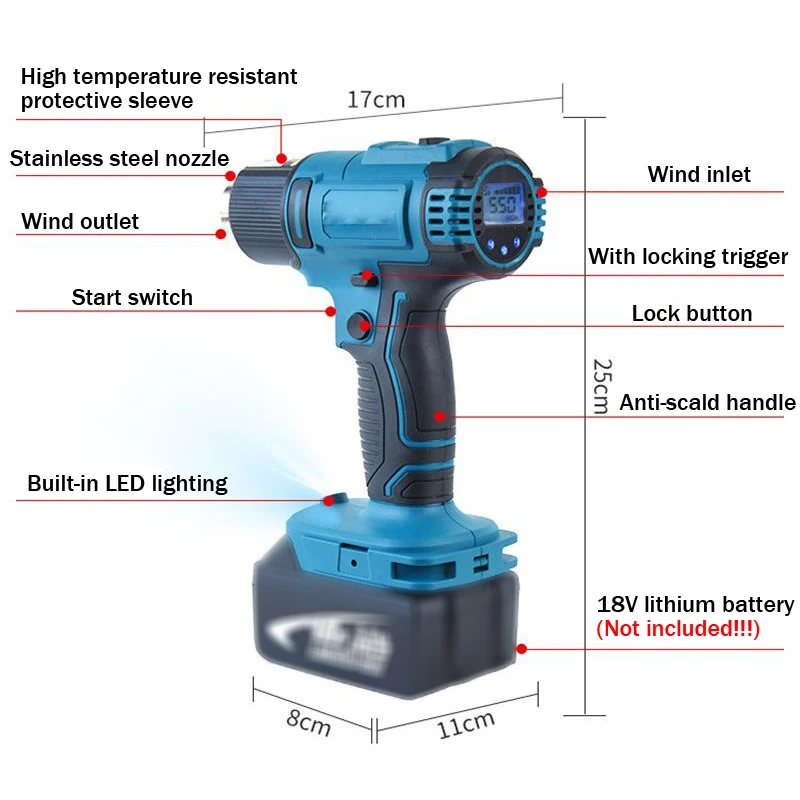 Heat gun 2500W Cordless Electric Heat Gun 0-550℃Temp Adjustab Heating Equipment Hot Air Machine Compatible for Makita 18Vbattery