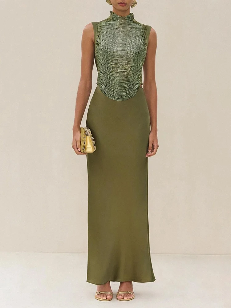 Women Green Long Skirt Two Piece Sets Sexy Sleeveless Lustrous Tassel Bandage Top + Slim Skirt Suits Evening Party Cocktail Sets