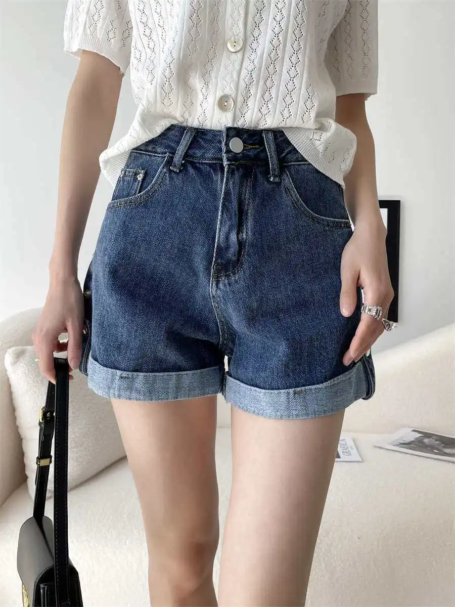 

Джинсовые шорты Mengzixi с высокой талией, женские летние свободные повседневные брюки Cleanfit, со средней/низкой талией, из ПВХ и хлопка, 100% хлопок