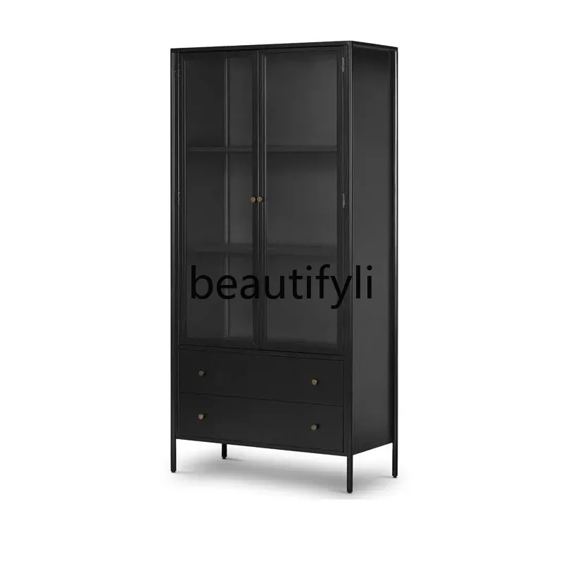 D2520 American light luxury solid wood bookcase, living room floor bookshelf wine cabinet French retro two-door display cabinet