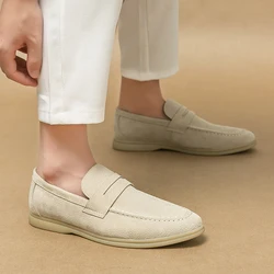 Sapato social de camurça para homens, mocassins casuais de couro genuíno, mocassins macios, sapato de passeio de lazer, marca de luxo