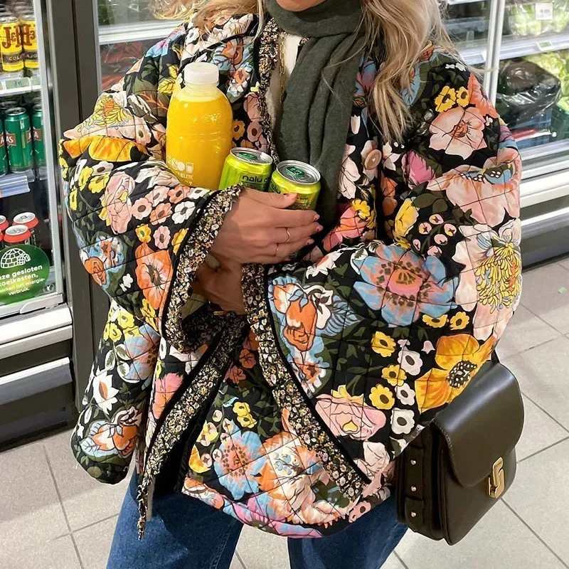 

High-end Vintage Floral Print Cotton Coat Women Fleece Thick Warm Quilted Jacket Autumn Winter Women Clothes Flare Sleeves Tops