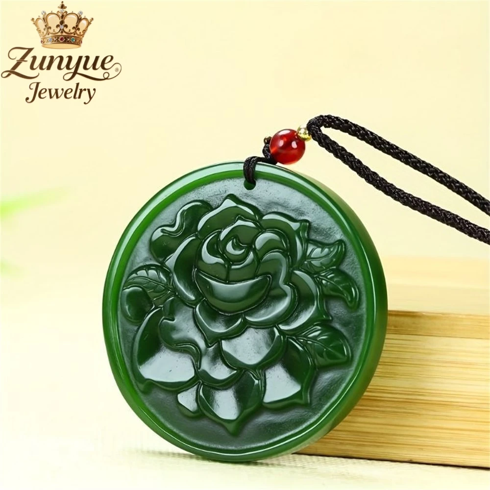 

Natural Hetian Jade Green Jade Carved Peony Flower Pendants Luxury Quality Jewelry Fashion Jewelry Exquisite Charms Elegant Gift