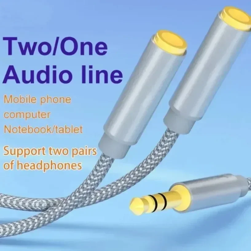 3.5mm Headphone Splitter Audio 1 Male to 2 Female Nylon Braided Gold Plated for Earphone Sharing Couple 0.5 Meter Copper
