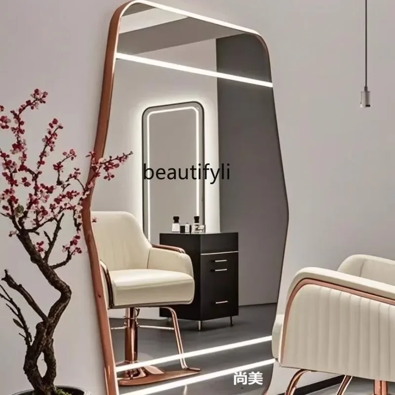 

Barber shop hair salon perm and dyeing special wall-mounted hairdressing mirror table floor with smart light mirror led