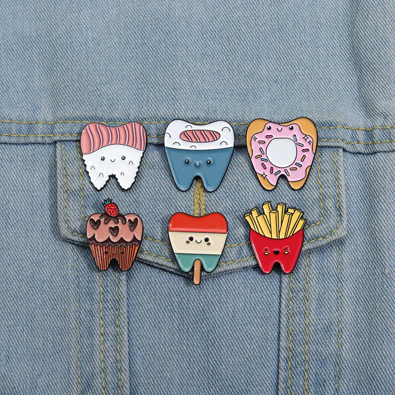 Cute Tooth Brooch Bow Tooth Doctor Screw Fruit Repairman Red Flag Unicorn Crown Healthy Tooth Badge Punk Metal Pins Jewelry Gift