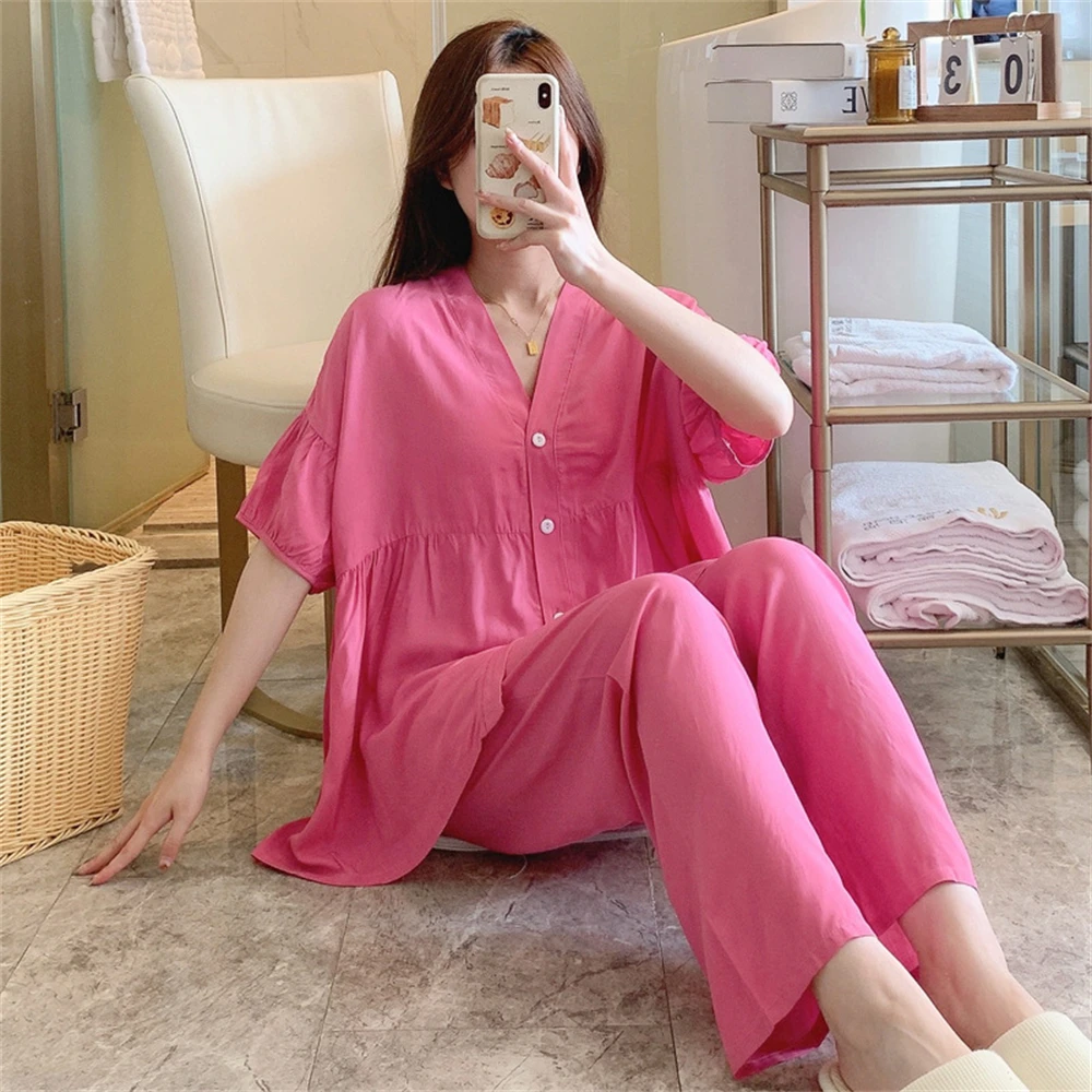 Women\'s Casual Short Sleeves Pants Pajamas Set Spring Summer Thin Loose Large Size Ladies Home Clothes Two-piece Sleepwear Suit