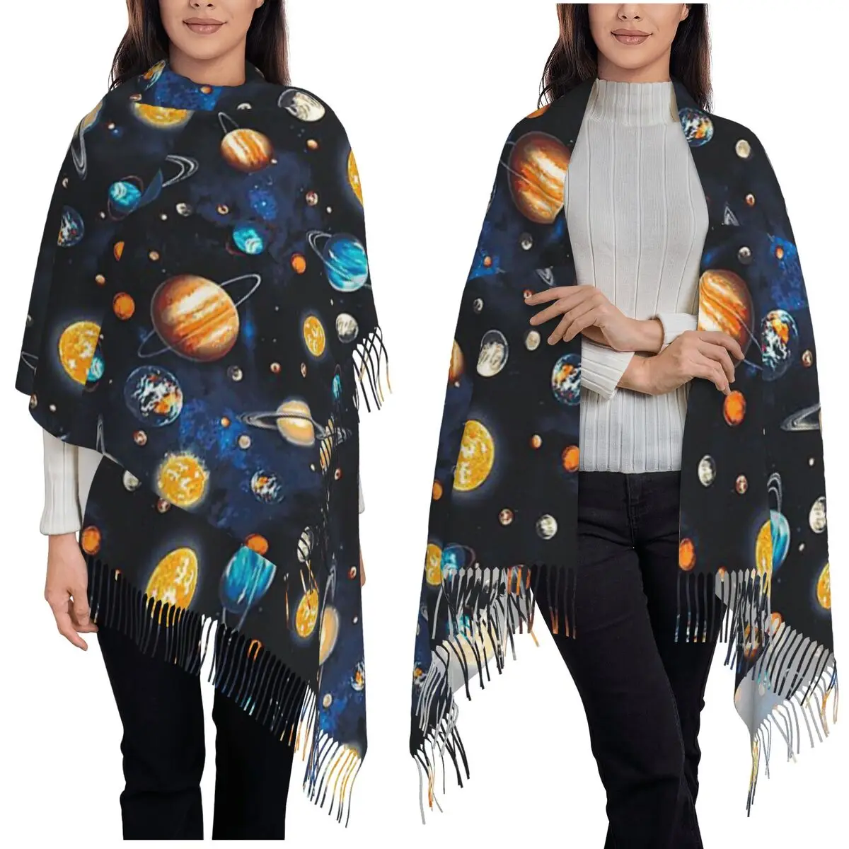 Solar System Space Planets Universe Scarf Tassel Scarves for Women Soft Warm Shawls and Wraps Long Fall Winter Shawl Wrap