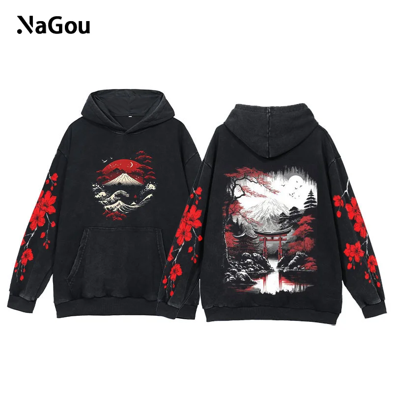 Y2K Anime Hoodies Men Ukiyoe Oversized Loose Vintage Acid Wash Hooded Sweatshirt Women Goth Harajuku Cotton Long Sleeve Pullover