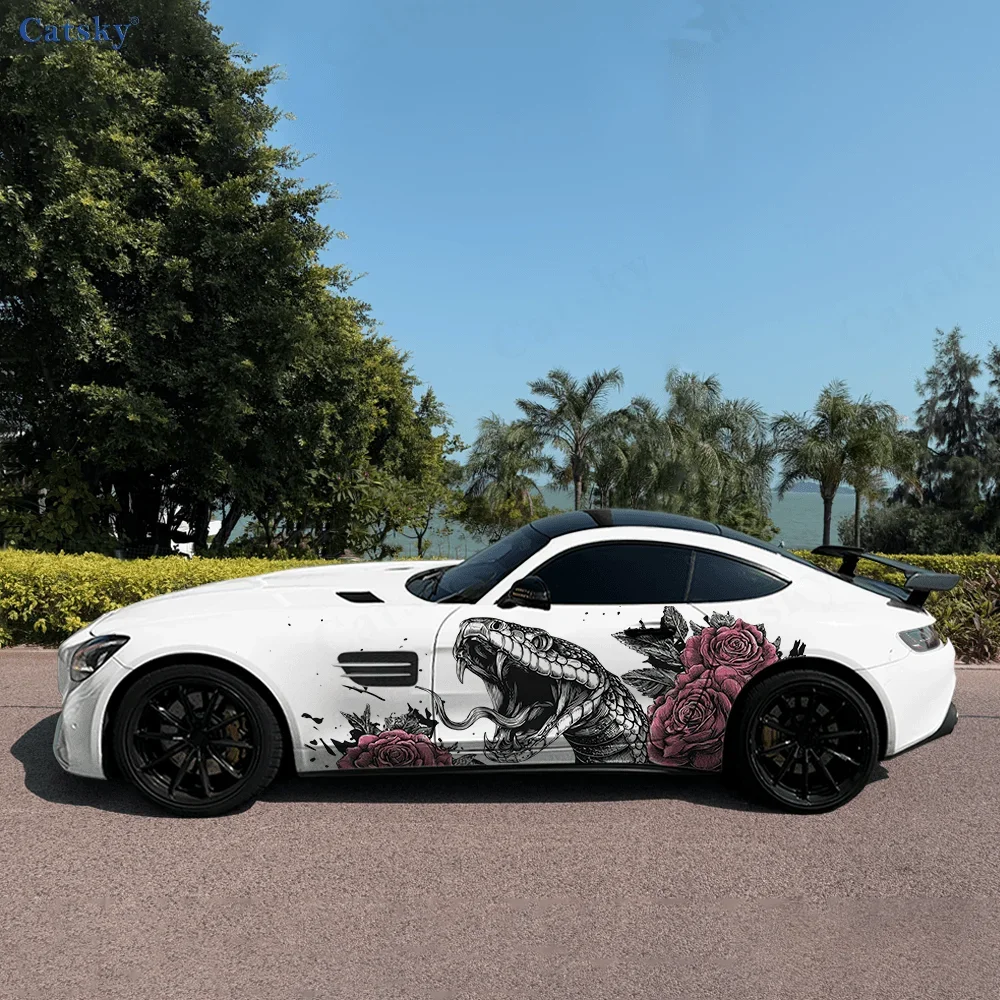 Snake Flowers Car Side Sticker PVC Self Waterproof Stick, Striking Auto Exterior Accessories Decor Protect Gift for Car Lover