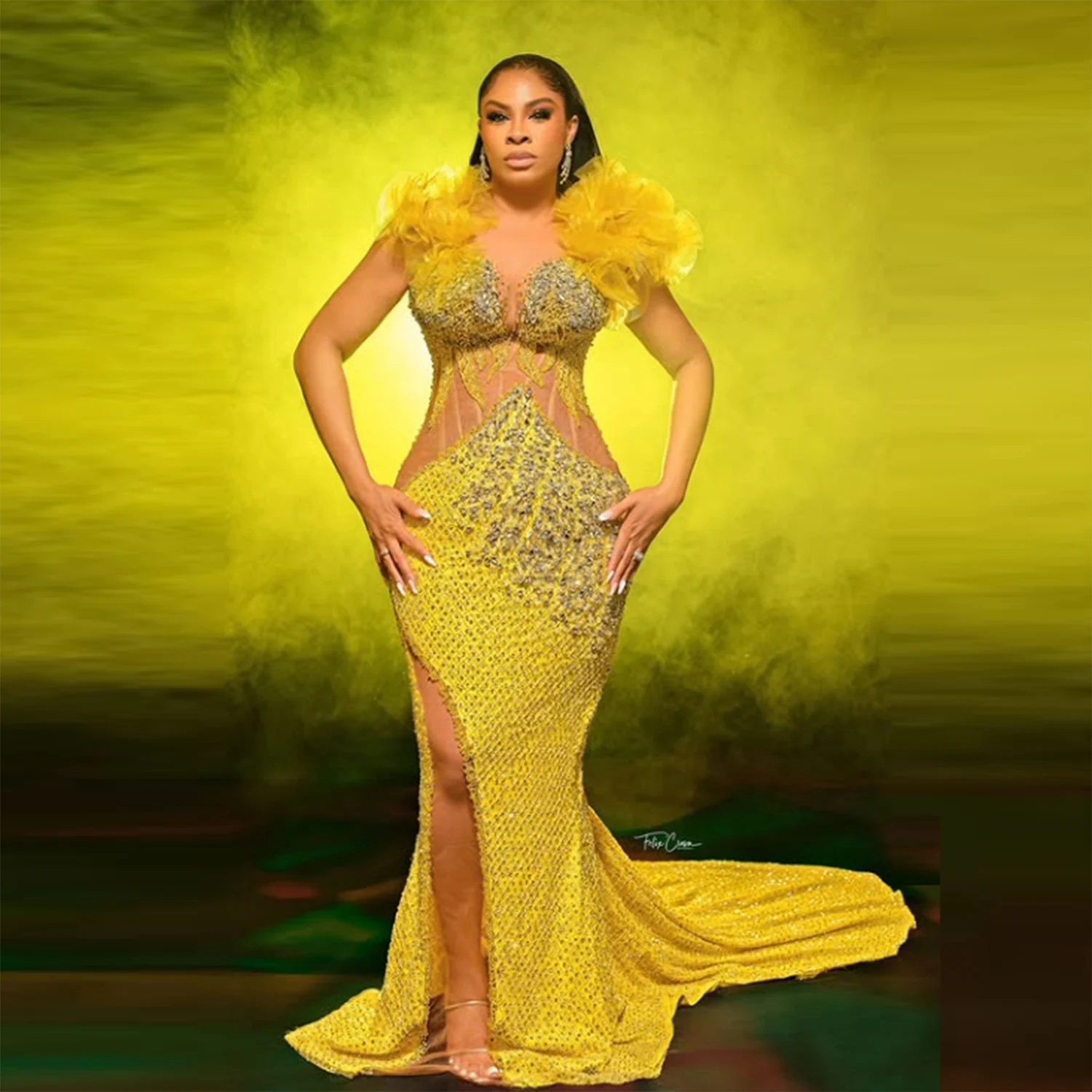 

Aso Ebi Mermaid Prom Dress Sheer Neck Lace Appliques Beaded Evening Gowns Women Formal Occasion Wedding Party Dess