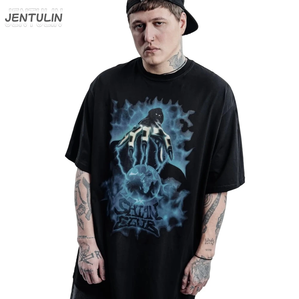 

Harajuku Уличная одежда большого размера Мужская одежда Сатана Клуб Футболка с графическим принтом Темного Господа Хлопковые топы с короткими рукавами в стиле хип-хоп Готический Y2k