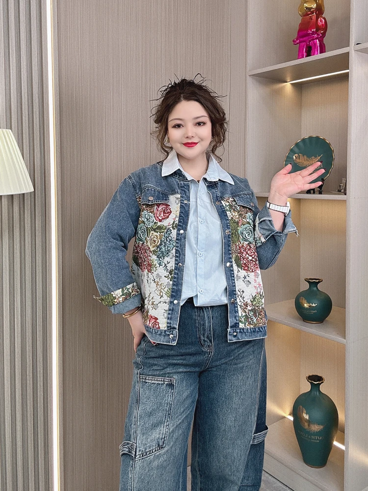

Plus Size Spring 2025 New Sle Embroidered Patchwork Long Sve Collar Denim Jaet plus Size Women's Casual Outerwear Coat