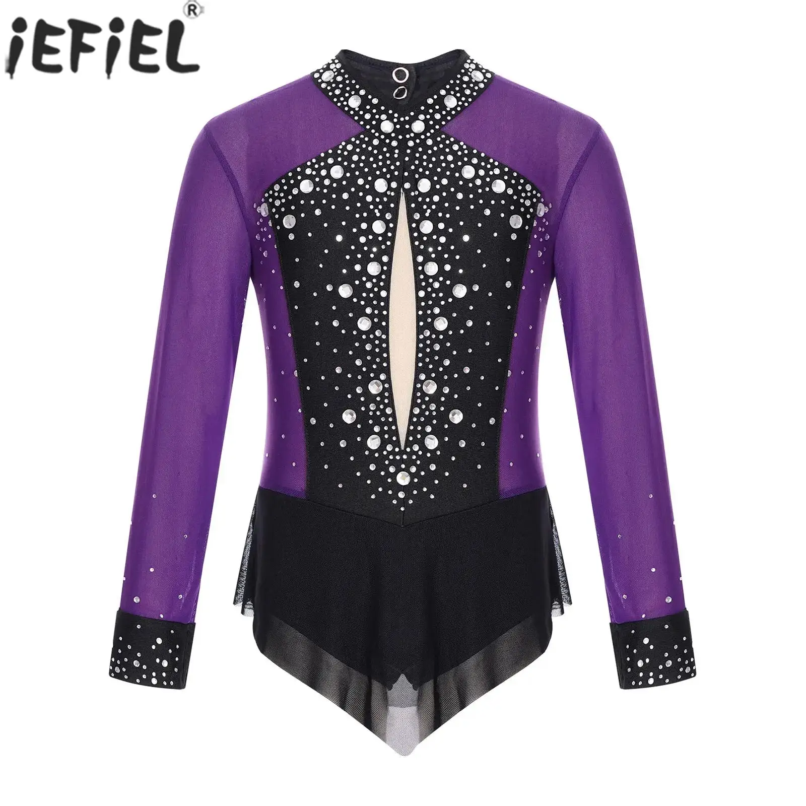 Girls Figure Skating Performance Bodysuit Ballet Rhythmic Gymnastics Dance Leotard Long Sleeve Rhinestone Sheer Mesh Dancewear