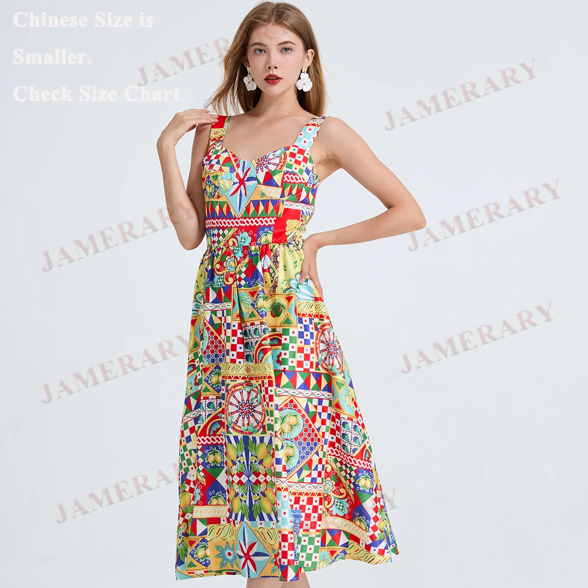 Palace Baroque Summer Print Long Dresses Women Strap Floral Sundress Lemond Beach Midi Dress Lady Elastic Elegant Vestidos