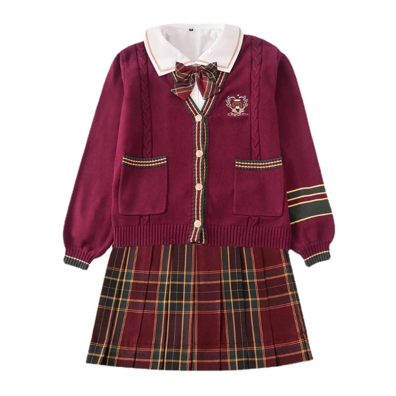 Weihnachts bär Schuluniform Strick pullover Stickerei jk japanischen Stil Matrosen anzug Plaid Falten rock Anime cos Kostüm Frauen