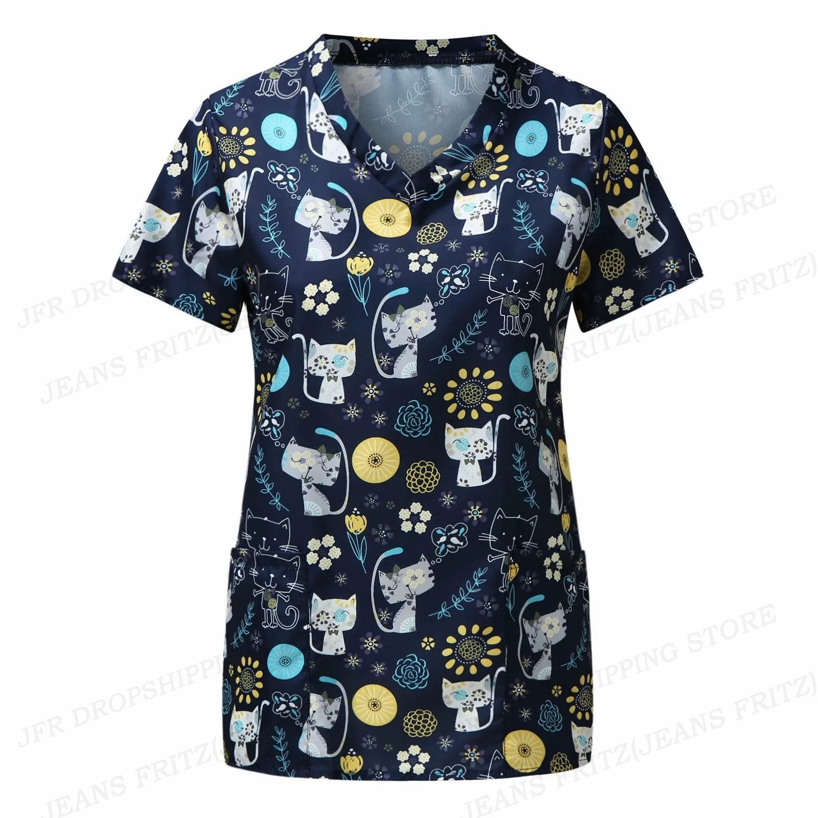 Pharmacist Dentist Veterinary Nurse Uniform Animal V-Neck Pocket Medical Uniforms Cartoon Nursing Scrubs Tops Uniforme enfermera