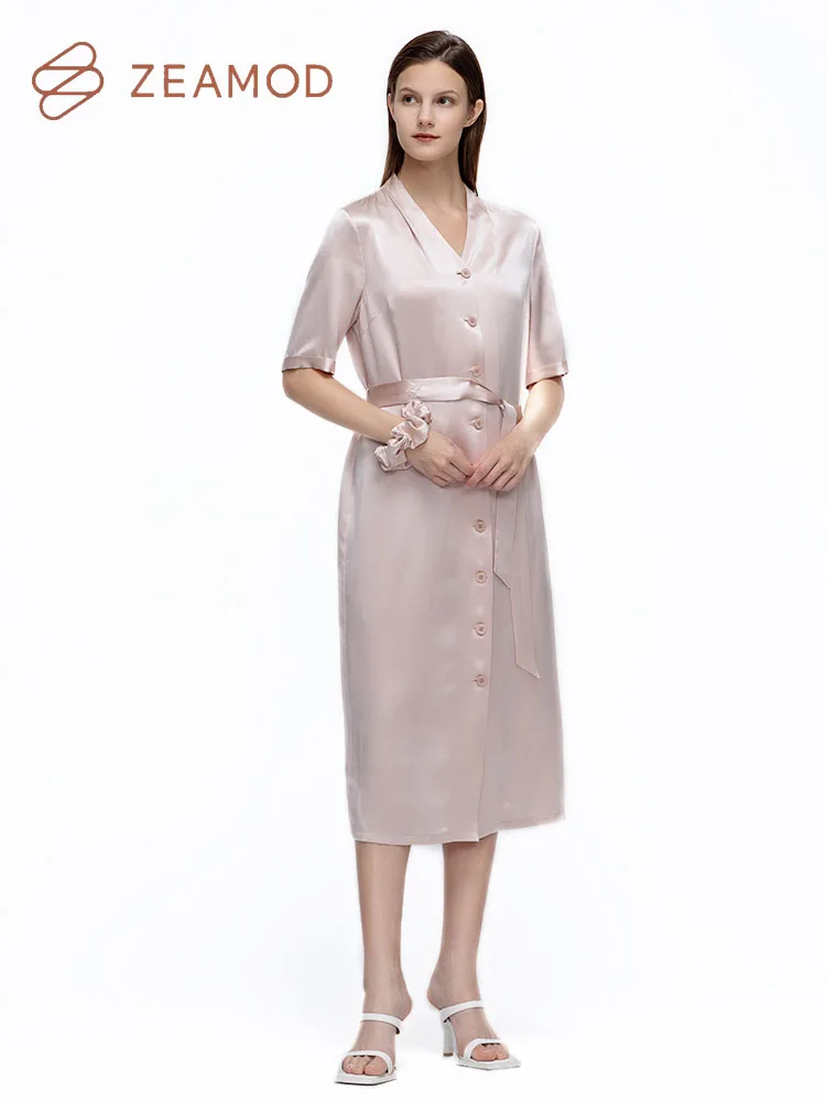 ZEAMOD 2024 Fashion women 22MM plain crepe silk V-neck gentle solid color women dress