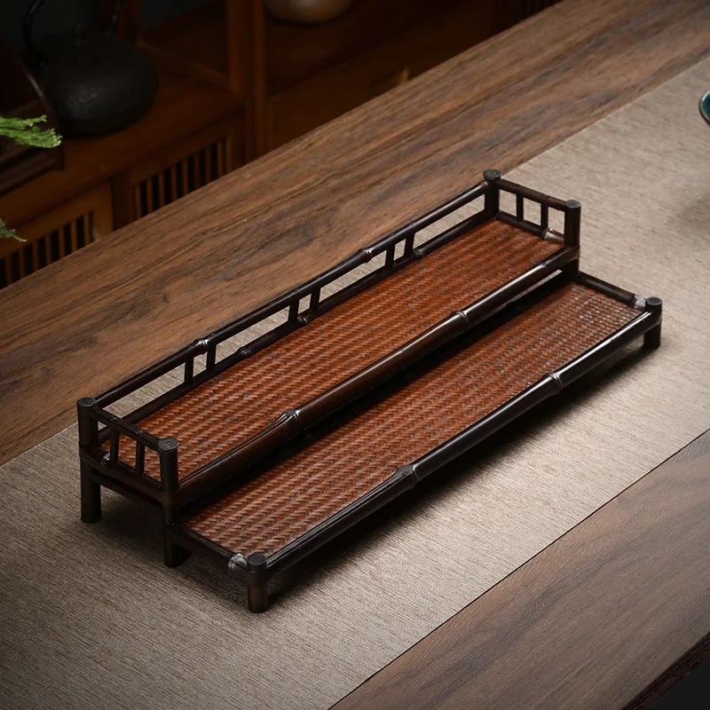 Tea Ceremony Accessories, Bamboo Tea Shed, Manual, Simple, Double-Layer, Three-layer Mat, Antique Shelf, Retro Play Shelf