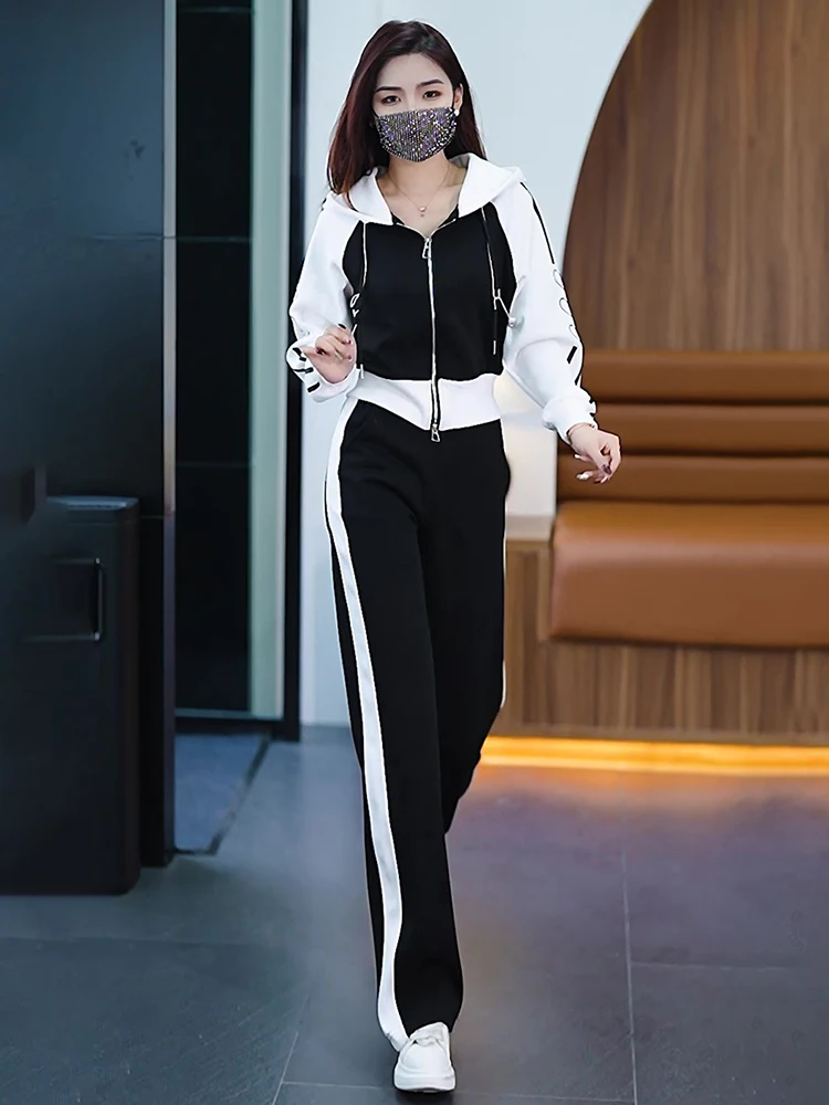 Zip Up Sweatshirt Suit for Women Casual Elastic Waist Wide-Leg Pants Sports and Leisure Outfit Autumn Fashion 2-Piece Set 2023