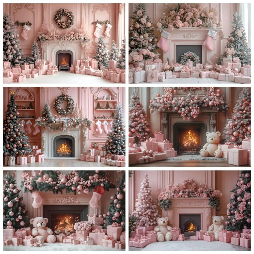 

Pink Christmas Backdrop for Photography Fireplace Xmas Tree Wreath Gifts Vintage Wall Kids Portrait Photocall Background Decor