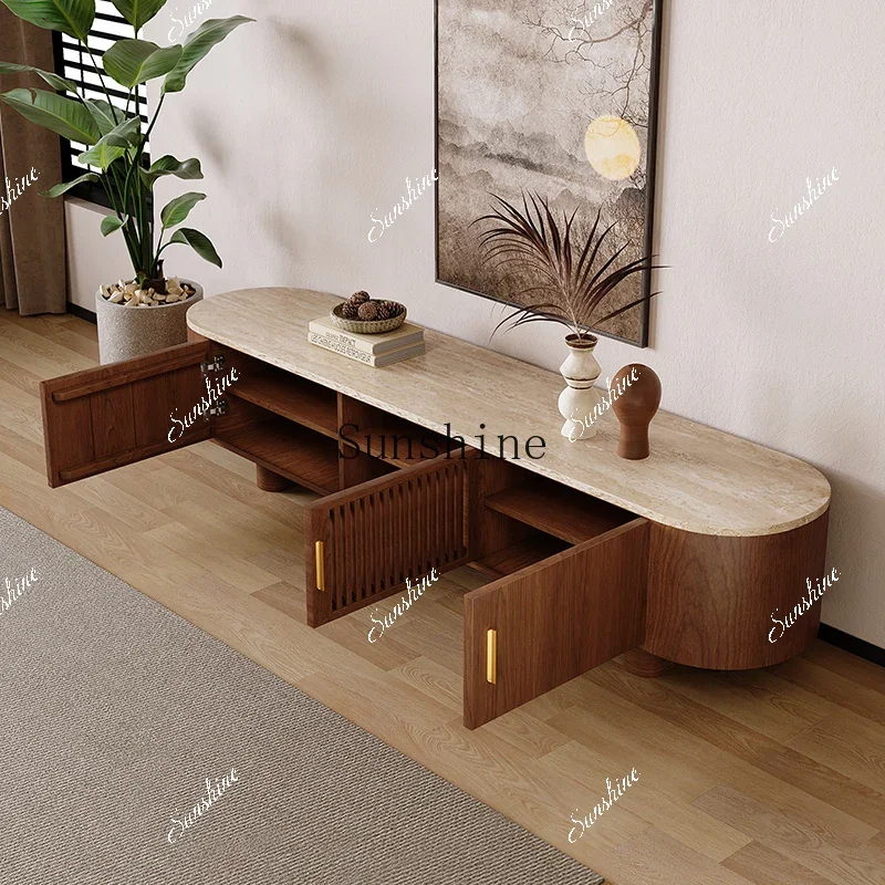 Wabi Sandy Wind Solid Wood Natural Travertine TV Cabinet Small Apartment Living Room Household   TF