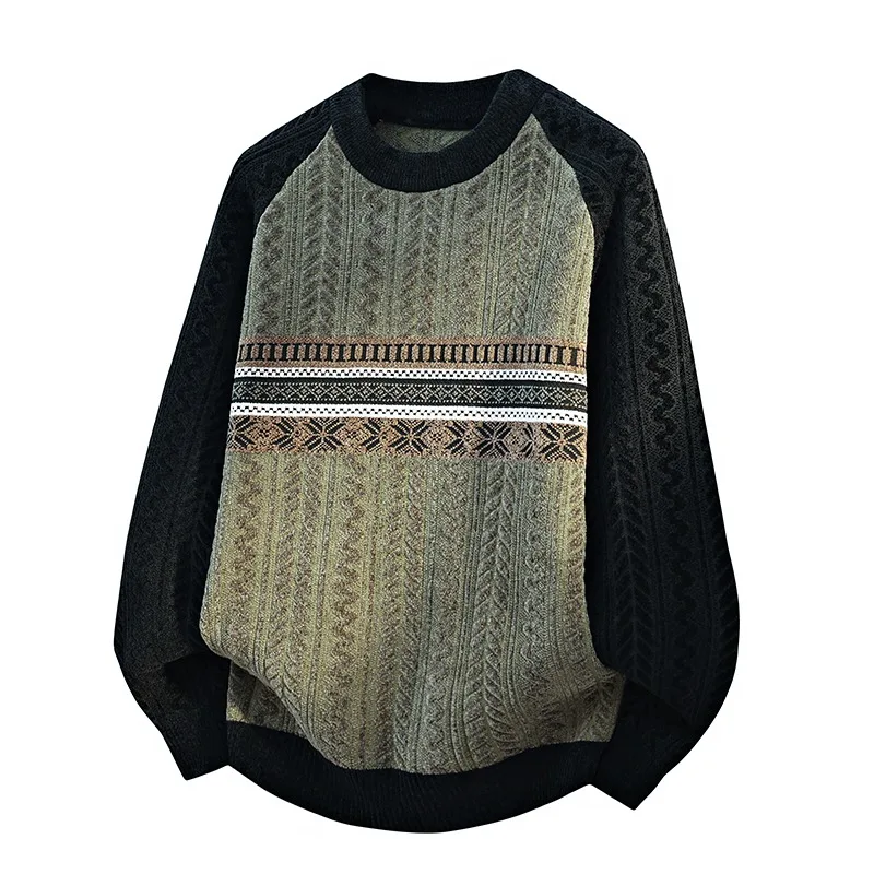 

Men's Autumn and Winter Round Neck Long Sleeve Contrast Color Geometric Book Sweater Knitted Casual Fashion Top