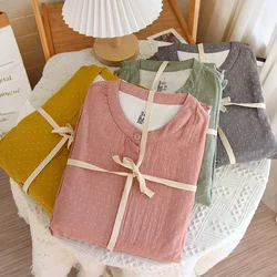 Women's Cotton Polka Dot Pajama Sets Yarn-Dyed Gauze Long Sleeve Pants Loungewear Casual Simple Sleepwear Round Neck Nightwears