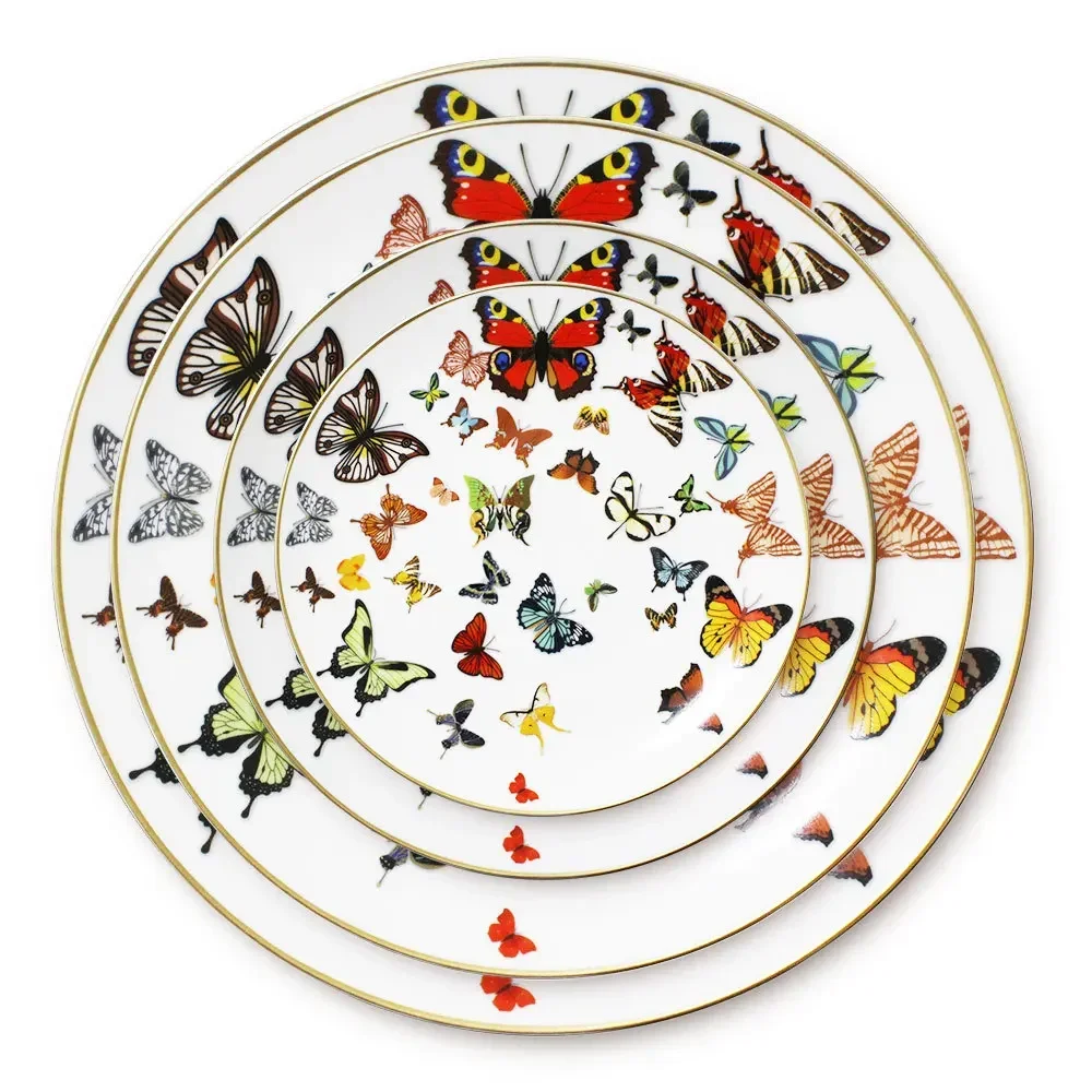 Europäische Kreative Keramik Platte Einfache Schmetterling Bone China Geschirr Set Glasierte Farbe Teller Gerichte Serviergeschirr Sets