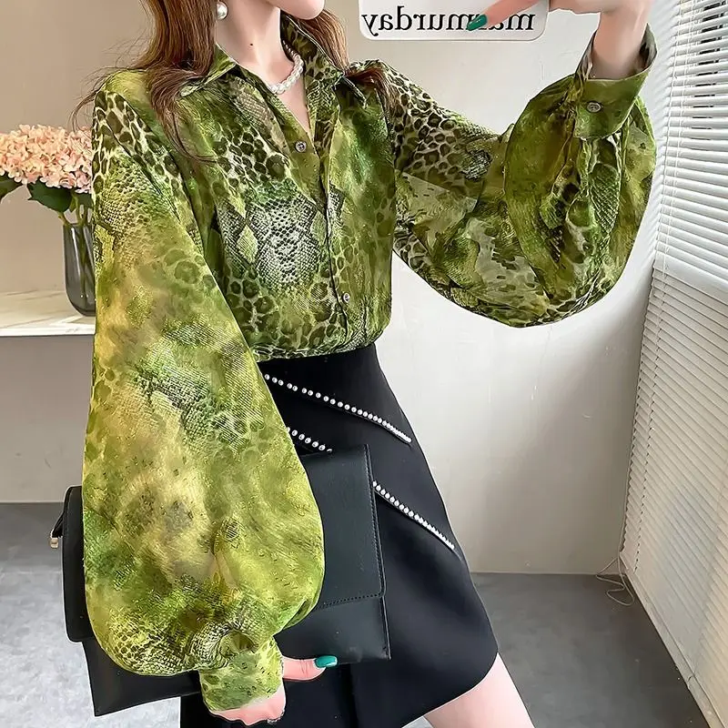 Commute Snake Pattern Printed Blouse 2024 Spring Autumn Turn-down Collar Female Clothing Long Sleeve Fashion Casual Loose Shirt