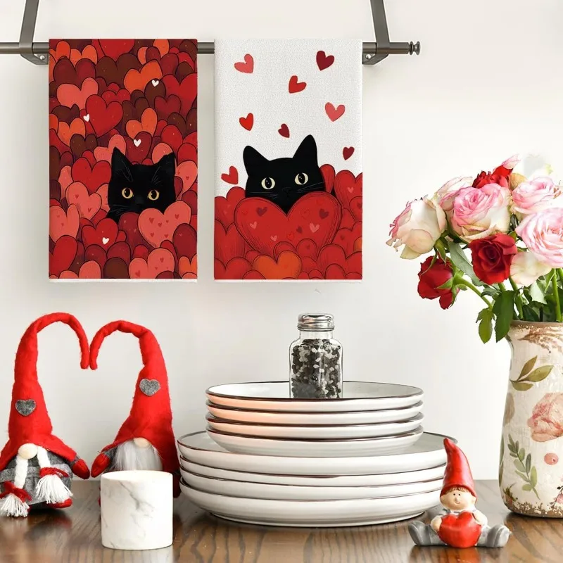 2Pcs, Heart-Shaped Black Cat Kitchen Towels, 40Cm*60Cm Towel Set, Super Absorbent Soft Cleaning Cloth, Cooking and Baking Tea Towel, Hand Towel, Cleaning Cloth, Dishwashing Cloth, Kitchen Decoration, Living Room Decorations, Kitchen Essentials, Home Essentials