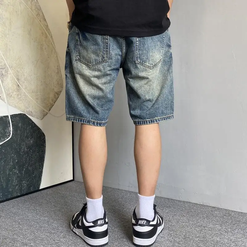 

Summer American Casual Edgy Embroidered Patch Vintage Denim Shorts Men Loose High Street Fashion Five-point