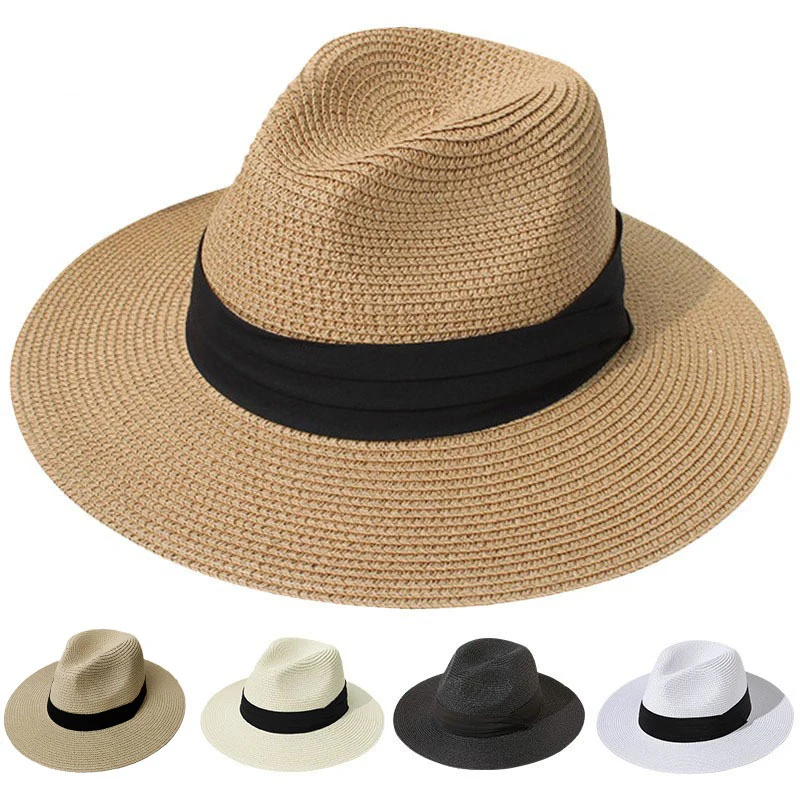 57-62cm Unisex Women Men Straw Caps Summer Casual Panama Jazz Hat Lady Beach Sun Hats Outdoor UV-protection Wide Brim Fedora Cap